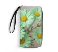 LZQPOEAS Daisy Pastel Green Clutch Wallet, Small Exquisite PU Leather Long Purse Gift for Friends, Zipper Coin Pocket with Patterns, Wristlet Bag for Daily Use