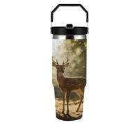 LZQPOEAS Deer Encounter The Dawn Light Water Bottle 30 Oz Stainless Steel Tumbler with Leakproof Lid Double Wall Travel Coffee Mug Vacuum Insulated Cup with Handle Cupholder Compatible for Travel