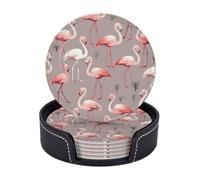 LZQPOEAS Drink Coasters with Holder Leather Coasters Set of 6 Pink Flamingo Pattern Round Coaster for Drinks Tabletop Protection Cup Mat Pad for Home and Kitchen Coaster Set for Home Decor 4 Inch