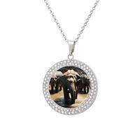 LZQPOEAS Elephant Drinking Water Necklace Round Coin Pendant Necklaces Charm Round Pendant Initial Necklaces Fashion Jewelry Silver-style
