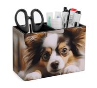 LZQPOEAS Exquisite Patterns PU Leather Pen Holder, Multifunctional Desktop Organizer Caddy with 2 Compartments, Papillon Lying on Tummy Pencil Cup Makeup Brush Holder for Office Home