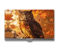LZQPOEAS Fall Owl Business Card Holder, Personalized Metal Name Card Case, Portable Pocket Card Organizer with Buckle Closure, Professional Business Card Container for Office
