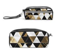 LZQPOEAS Fashion Modern Black White Gold Triangles Pen Case Cosmetic Makeup Bag PU Leather Cosmetic Pencil Bags Small Soft Makeup Pouch with Zipper Waterproof Makeup Brush Holder for Women Men Office