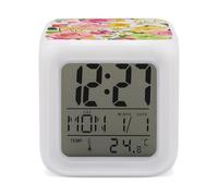 LZQPOEAS Floral Collage Alarm Clock with 7 Color Changing Nightlight for Bedroom Calendar Temperature Display Wake Up Digital Clock Small Desk Clocks for Heavy Sleepers Adults
