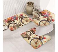 LZQPOEAS Flower Bicycle Print Bathroom Rug Set 3 Piece Includes Non Slip Bath Mat, Contour Mat and Toilet Lid Cover Ultra Soft Microfiber Bathroom Floor Mats Set