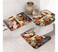LZQPOEAS Flower Branches on the Cross Print Bathroom Rug Set 3 Piece Includes Non Slip Bath Mat, Contour Mat and Toilet Lid Cover Ultra Soft Microfiber Bathroom Floor Mats Set