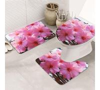 LZQPOEAS Flower Print Bathroom Rug Set 3 Piece Includes Non Slip Bath Mat, Contour Mat and Toilet Lid Cover Ultra Soft Microfiber Bathroom Floor Mats Set