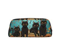 LZQPOEAS Four black cats lying on the piano keyboard Pencil Case Leather Pen Bag Travel Makeup Bag Zipper Organizer Bag for Women Men