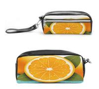 LZQPOEAS Fresh Orange Fruit Pen Case Cosmetic Makeup Bag PU Leather Cosmetic Pencil Bags Small Soft Makeup Pouch with Zipper Waterproof Makeup Brush Holder for Women Men Office
