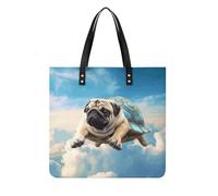 LZQPOEAS Funny Turtle Pug Dog in The Sky Tote Bag with Magnetic Buckle Reusable Grocery Bags Lightweight Cross Body Handbag for Daily Essentials