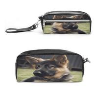 LZQPOEAS German Shepherd Puppy Pen Case Cosmetic Makeup Bag PU Leather Cosmetic Pencil Bags Small Soft Makeup Pouch with Zipper Waterproof Makeup Brush Holder for Women Men Office