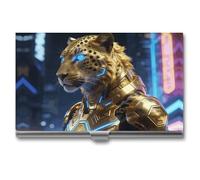 LZQPOEAS Gilded Leopard Luxe Business Card Holder, Personalized Metal Name Card Case, Portable Pocket Card Organizer with Buckle Closure, Professional Business Card Container for Office