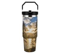 LZQPOEAS Gold Falling between The Trees Water Bottle 30 Oz Stainless Steel Tumbler with Leakproof Lid Double Wall Travel Coffee Mug Vacuum Insulated Cup with Handle Cupholder Compatible for Travel