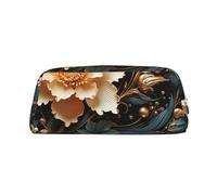 LZQPOEAS Gold Flowers on Black Pencil Case Leather Pen Bag Travel Makeup Bag Zipper Organizer Bag for Women Men