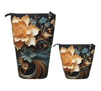 LZQPOEAS Gold Flowers on Black Pencil Case Telescopic Pen Pouch Standing Pencil Bag Pop Up Pencil Holder With Zipper Travel Coin Pouch Purse Portable Makeup Bag for Office Holiday Gift