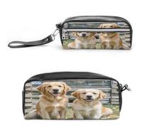 LZQPOEAS Golden Retriever Dogs Puppies Pets Pen Case Cosmetic Makeup Bag PU Leather Cosmetic Pencil Bags Small Soft Makeup Pouch with Zipper Waterproof Makeup Brush Holder for Women Men Office
