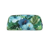 LZQPOEAS Green and blue hibiscus flowers Pencil Case Leather Pen Bag Travel Makeup Bag Zipper Organizer Bag for Women Men