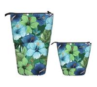 LZQPOEAS Green and blue hibiscus flowers Pencil Case Telescopic Pen Pouch Standing Pencil Bag Pop Up Pencil Holder With Zipper Travel Coin Pouch Purse Portable Makeup Bag for Office Holiday Gift