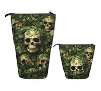LZQPOEAS Green background skull and leaves Pencil Case Telescopic Pen Pouch Standing Pencil Bag Pop Up Pencil Holder With Zipper Travel Coin Pouch Purse Portable Makeup Bag for Office Holiday Gift
