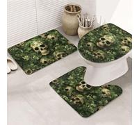 LZQPOEAS Green Background Skull and Leaves Print Bathroom Rug Set 3 Piece Includes Non Slip Bath Mat, Contour Mat and Toilet Lid Cover Ultra Soft Microfiber Bathroom Floor Mats Set