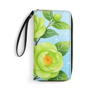 LZQPOEAS Green Camellia Flower Clutch Wallet, Small Exquisite PU Leather Long Purse Gift for Friends, Zipper Coin Pocket with Patterns, Wristlet Bag for Daily Use