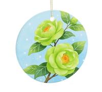 LZQPOEAS Green Camellia Flower Round Ceramic Pendant Hanging Festival Ornament, Personalized Double Sided Ceramic Home Decor, Lightweight Durable Hanging Ornament Gift for Home, Party, Women Men