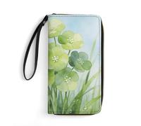 LZQPOEAS Green Floret Clutch Wallet, Small Exquisite PU Leather Long Purse Gift for Friends, Zipper Coin Pocket with Patterns, Wristlet Bag for Daily Use