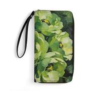 LZQPOEAS Green Flowers Clutch Wallet, Small Exquisite PU Leather Long Purse Gift for Friends, Zipper Coin Pocket with Patterns, Wristlet Bag for Daily Use