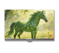 LZQPOEAS Green Horse Pattern Business Card Holder, Personalized Metal Name Card Case, Portable Pocket Card Organizer with Buckle Closure, Professional Business Card Container for Office