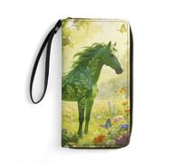 LZQPOEAS Green Horse Pattern Clutch Wallet, Small Exquisite PU Leather Long Purse Gift for Friends, Zipper Coin Pocket with Patterns, Wristlet Bag for Daily Use