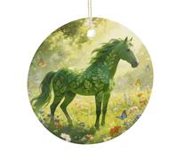 LZQPOEAS Green Horse Pattern Round Ceramic Pendant Hanging Festival Ornament, Personalized Double Sided Ceramic Home Decor, Lightweight Durable Hanging Ornament Gift for Home, Party, Women Men