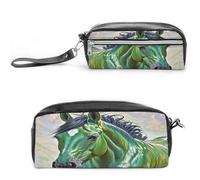 LZQPOEAS Green Horse Pen Case Cosmetic Makeup Bag PU Leather Cosmetic Pencil Bags Small Soft Makeup Pouch with Zipper Waterproof Makeup Brush Holder for Women Men Office