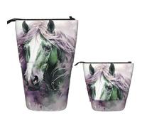 LZQPOEAS Green Horse Pencil Case Telescopic Pen Pouch Standing Pencil Bag Pop Up Pencil Holder With Zipper Travel Coin Pouch Purse Portable Makeup Bag for Office Holiday Gift