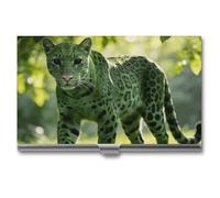 LZQPOEAS Green Leopard Business Card Holder, Personalized Metal Name Card Case, Portable Pocket Card Organizer with Buckle Closure, Professional Business Card Container for Office