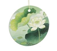 LZQPOEAS Green Lotus Pond Round Ceramic Pendant Hanging Festival Ornament, Personalized Double Sided Ceramic Home Decor, Lightweight Durable Hanging Ornament Gift for Home, Party, Women Men