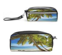 LZQPOEAS Green Palm Trees Ocean Pen Case Cosmetic Makeup Bag PU Leather Cosmetic Pencil Bags Small Soft Makeup Pouch with Zipper Waterproof Makeup Brush Holder for Women Men Office