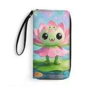 LZQPOEAS Green Pink Lotus Clutch Wallet, Small Exquisite PU Leather Long Purse Gift for Friends, Zipper Coin Pocket with Patterns, Wristlet Bag for Daily Use