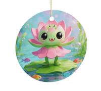 LZQPOEAS Green Pink Lotus Round Ceramic Pendant Hanging Festival Ornament, Personalized Double Sided Ceramic Home Decor, Lightweight Durable Hanging Ornament Gift for Home, Party, Women Men