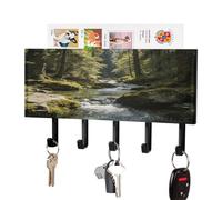 LZQPOEAS Green Valley Stream Waterfall Key Holder for Wall Mounted Key Rack with 5 Hooks PU Leather Keyholder Entrance Hanger Compact Adhesive Keys Rack with Mail Organizer Tray for Home Hallway