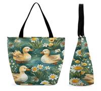 LZQPOEAS Hand Drawn Duck Tote Bag for Women Lightweight Casual Shoulder Bag Reusable Grocery Shopping Bag Large Capacity Everyday Handbag for Travel Work Gym Office Daily Use