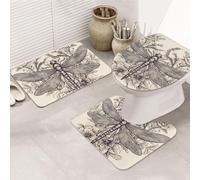 LZQPOEAS Hand Drawn Floral Dragonfly Print Bathroom Rug Set 3 Piece Includes Non Slip Bath Mat, Contour Mat and Toilet Lid Cover Ultra Soft Microfiber Bathroom Floor Mats Set