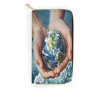 LZQPOEAS Hands Holding The Earth Wallet for Men Women Credit Card Holder Minimalist Long Wallet Soft PU Leather Wallet Zipped Coin Purse