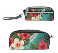 LZQPOEAS Hawaiian Flowers on Green Background Pen Case Cosmetic Makeup Bag PU Leather Cosmetic Pencil Bags Small Soft Makeup Pouch with Zipper Waterproof Makeup Brush Holder for Women Men Office