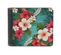 LZQPOEAS Hawaiian Flowers on Green Background Wallet Extra Capacity Slim Bifold Wallet with Multiple Card Slots Men's Leather Wallets Travel Billfold