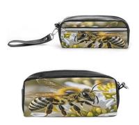 LZQPOEAS Honey Bee Pen Case Cosmetic Makeup Bag PU Leather Cosmetic Pencil Bags Small Soft Makeup Pouch with Zipper Waterproof Makeup Brush Holder for Women Men Office
