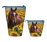 LZQPOEAS Horse and sunflower Pencil Case Telescopic Pen Pouch Standing Pencil Bag Pop Up Pencil Holder With Zipper Travel Coin Pouch Purse Portable Makeup Bag for Office Holiday Gift