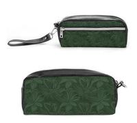 LZQPOEAS Hunter Green Floral Petals Pattern Pen Case Cosmetic Makeup Bag PU Leather Cosmetic Pencil Bags Small Soft Makeup Pouch with Zipper Waterproof Makeup Brush Holder for Women Men Office