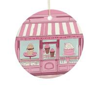 LZQPOEAS Ice Cream Store Pink Round Ceramic Pendant Hanging Festival Ornament, Personalized Double Sided Ceramic Home Decor, Lightweight Durable Hanging Ornament Gift for Home, Party, Women Men