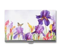 LZQPOEAS Iris Flower Butterfly Business Card Holder, Personalized Metal Name Card Case, Portable Pocket Card Organizer with Buckle Closure, Professional Business Card Container for Office