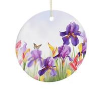 LZQPOEAS Iris Flower Butterfly Round Ceramic Pendant Hanging Festival Ornament, Personalized Double Sided Ceramic Home Decor, Lightweight Durable Hanging Ornament Gift for Home, Party, Women Men